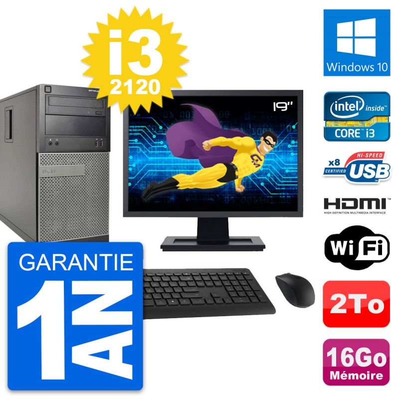 Dell Optiplex 390 MT Desktop PC - 19" Screen, i3-2120, 16GB RAM, 2TB HDD, HDMI, WiFi, Windows 10