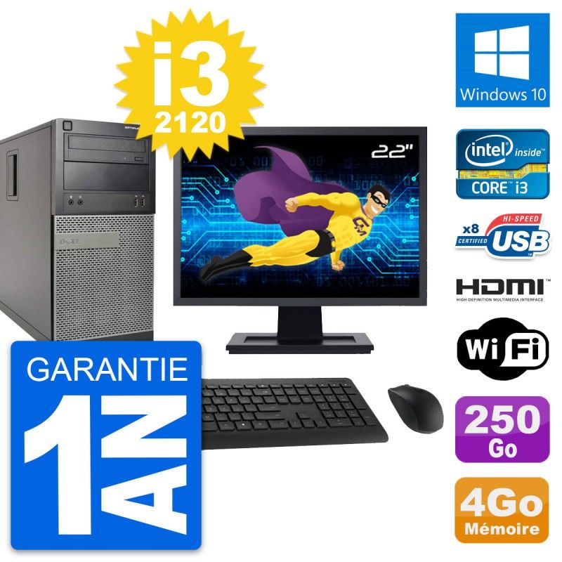 Dell Optiplex 390 MT Desktop PC - 22" Screen, i3-2120, 4GB RAM, 250GB HDD, HDMI, WiFi, Windows 10