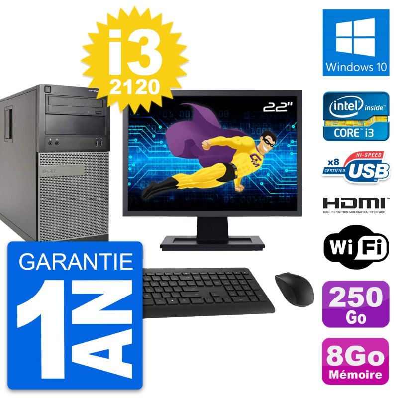 Dell Optiplex 390 MT Desktop PC - 22" Screen, i3-2120, 8GB RAM, 250GB HDD, HDMI, Wi-Fi