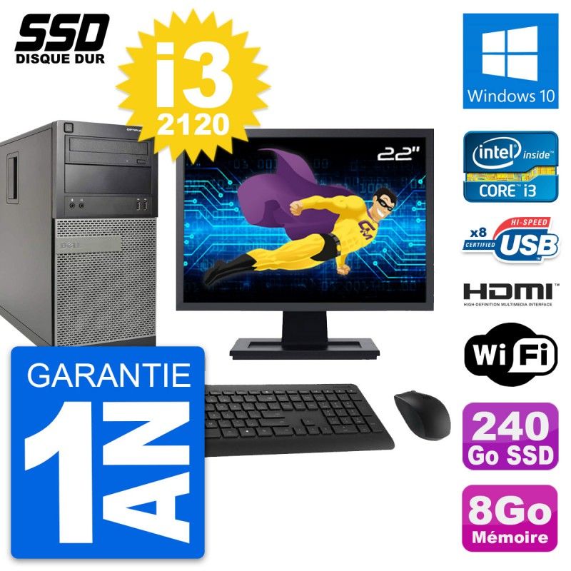 Dell Optiplex 390 MT Desktop PC - 22" Screen, i3-2120, 8GB RAM, 240GB SSD, HDMI, Windows 10, WiFi