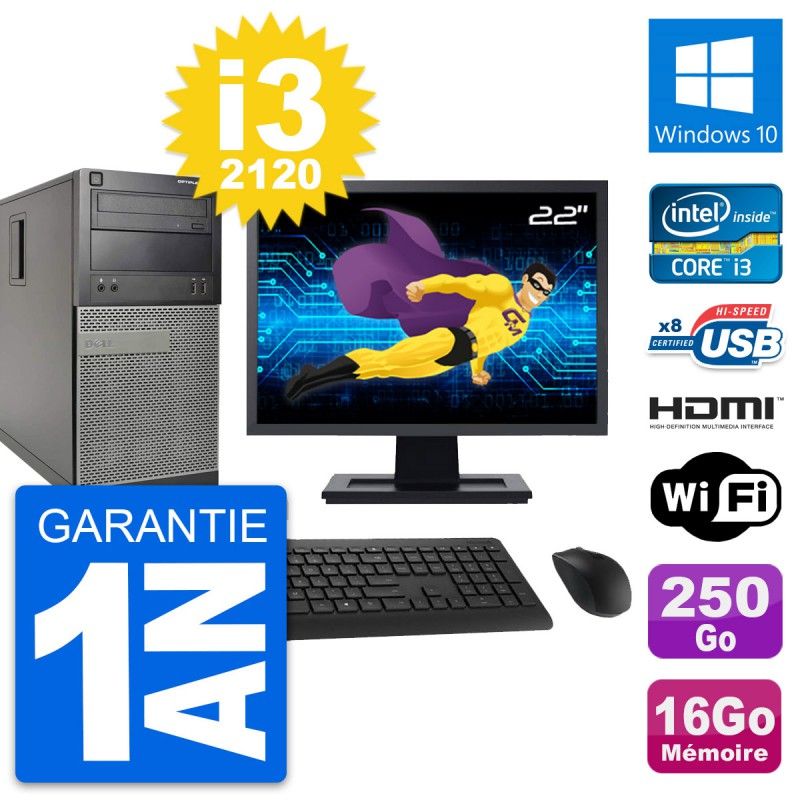 Dell Optiplex 390 MT Desktop PC - 22" Screen, i3-2120, 16GB RAM, 250GB HDD, HDMI, WiFi