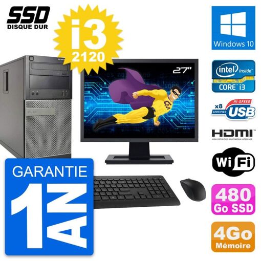 Dell Optiplex 390 MT Desktop PC - 27" Screen, Intel Core i3-2120, 4GB RAM, 480GB SSD, HDMI, Wi-Fi, Windows 10