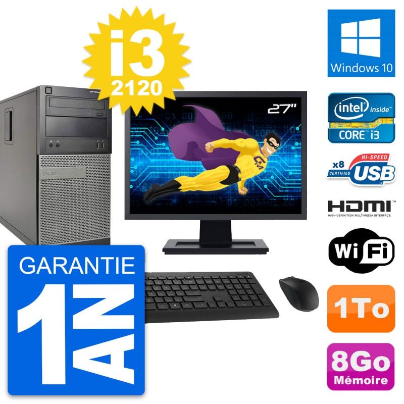 PC de escritorio Dell Optiplex 390 MT - Pantalla de 27'', Intel Core i3-2120, 8 GB de RAM, 1 TB HDD, HDMI, WiFi