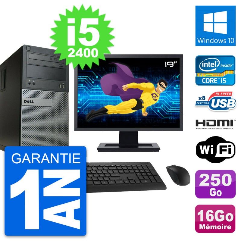 Dell Optiplex 390 MT Desktop PC - 19" Screen, i5-2400, 16GB RAM, 250GB HDD, HDMI, Windows 10, WiFi