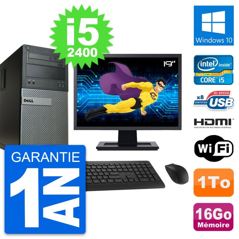 Dell Optiplex 390 MT Desktop PC - 19" Screen, i5-2400, 16GB RAM, 1TB HDD, HDMI, WiFi, Windows 10