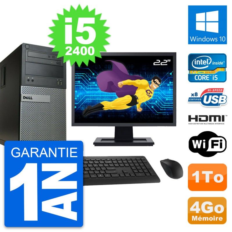 Ordinateur de bureau Dell Optiplex 390 MT - Écran 22'', Intel Core i5-2400, 4 Go RAM, 1 To HDD, HDMI, Windows 10, Wifi