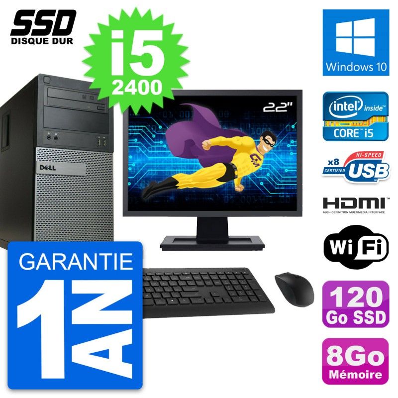 Dell Optiplex 390 MT Desktop PC - 22" Screen, i5-2400, 8GB RAM, 120GB SSD, HDMI, WiFi, Windows 10