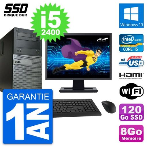Dell Optiplex 390 MT Desktop PC - 22" Screen, i5-2400, 8GB RAM, 120GB SSD, HDMI, WiFi, Windows 10