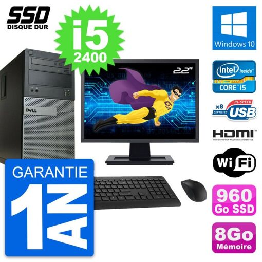 Dell Optiplex 390 MT Desktop PC - 22" Screen, i5-2400, 8GB RAM, 960GB SSD, HDMI, WiFi, Windows 10