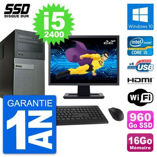 Dell Optiplex 390 MT Desktop Computer, 22" Screen, i5-2400 CPU, 16GB RAM, 960GB SSD, HDMI, Windows 10, WiFi