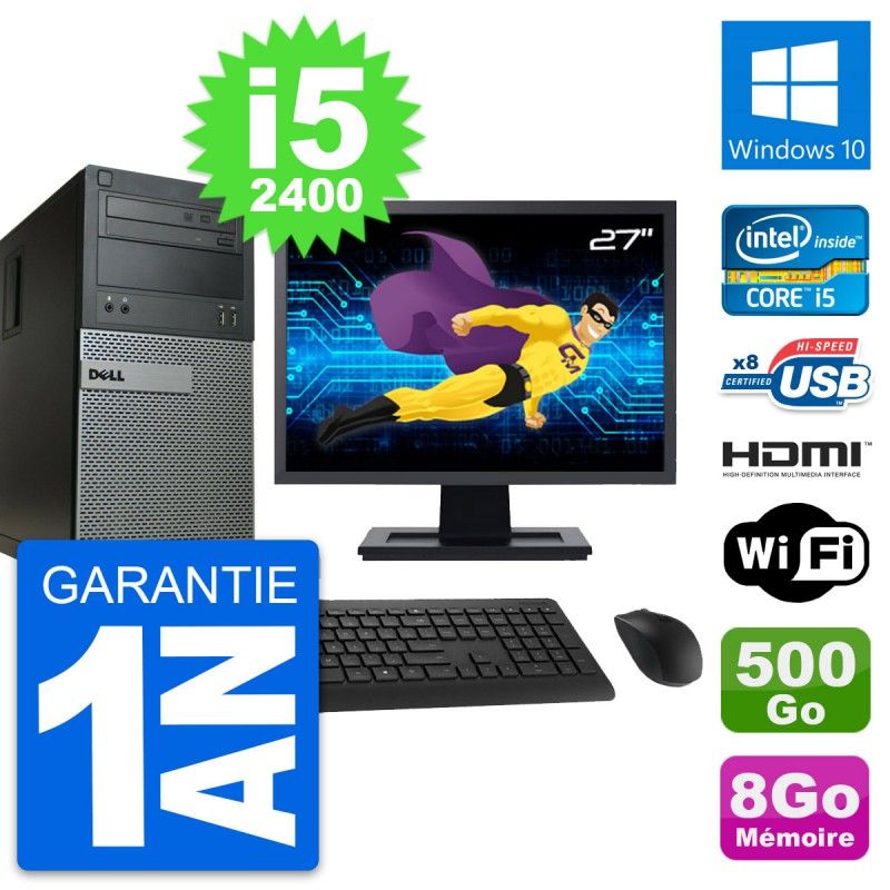 Dell Optiplex 390 MT Desktop PC - 27" Screen, i5-2400, 8GB RAM, 500GB HDD, HDMI, Windows 10, Wi-Fi