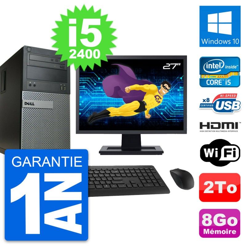 Dell Optiplex 390 MT Desktop - 27" Screen, i5-2400, 8GB RAM, 2TB HDD, HDMI, WiFi, Windows 10