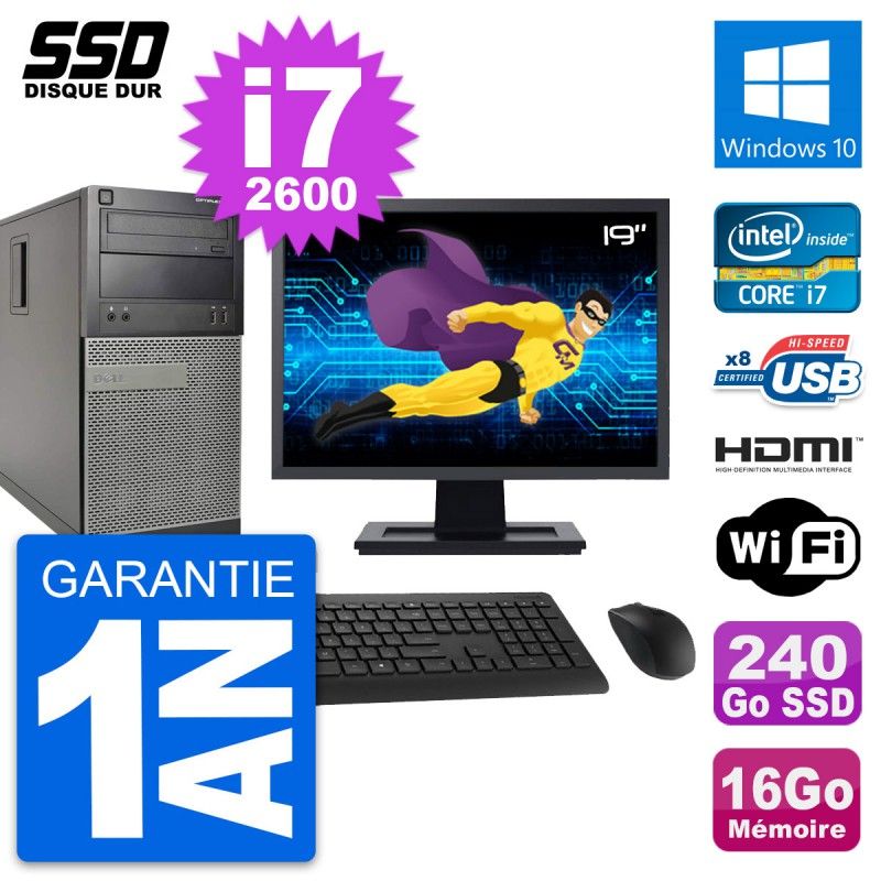 Dell Optiplex 390 MT Desktop Computer, 19" Screen, i7-2600, 16GB RAM, 240GB SSD, HDMI, Windows 10, WiFi