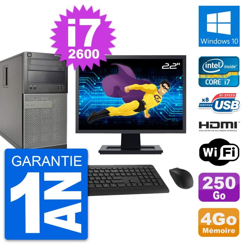 Dell Optiplex 390 MT Desktop PC - 22" Screen, i7-2600, 4GB RAM, 250GB HDD, HDMI, WiFi, Windows 10