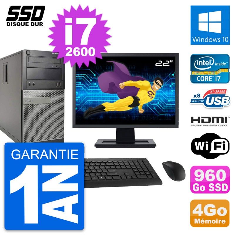 Dell Optiplex 390 MT Desktop - 22" Screen, i7-2600, 4GB RAM, 960GB SSD, HDMI, Windows 10, WiFi