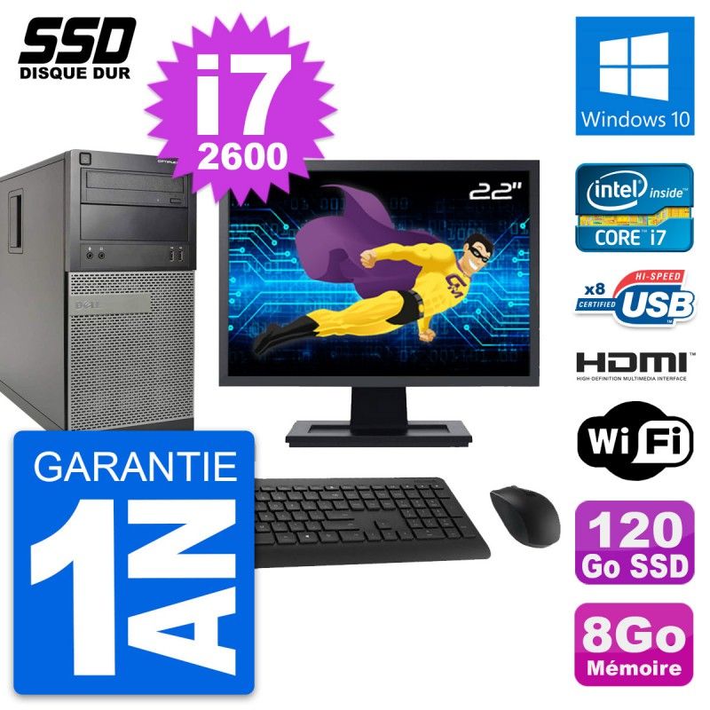 Dell Optiplex 390 MT Desktop Computer, 22" Screen, i7-2600 CPU, 8GB RAM, 120GB SSD, HDMI, WiFi