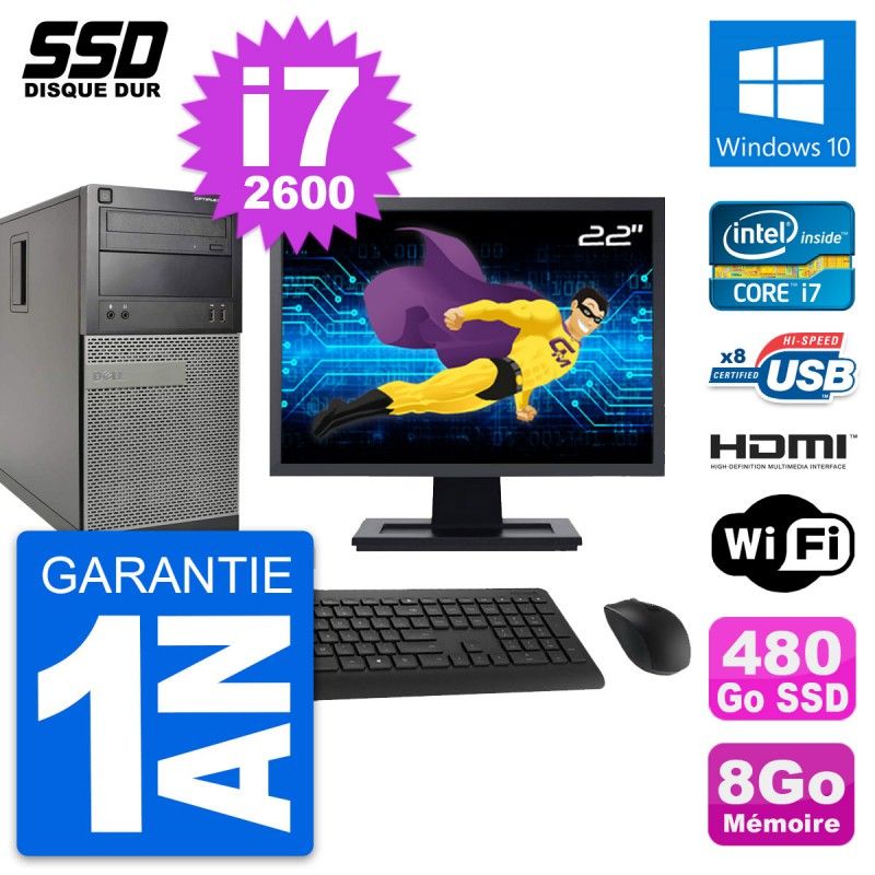 Dell Optiplex 390 MT Desktop PC - 22" Screen, i7-2600, 8GB RAM, 480GB SSD, HDMI, Windows 10, Wifi