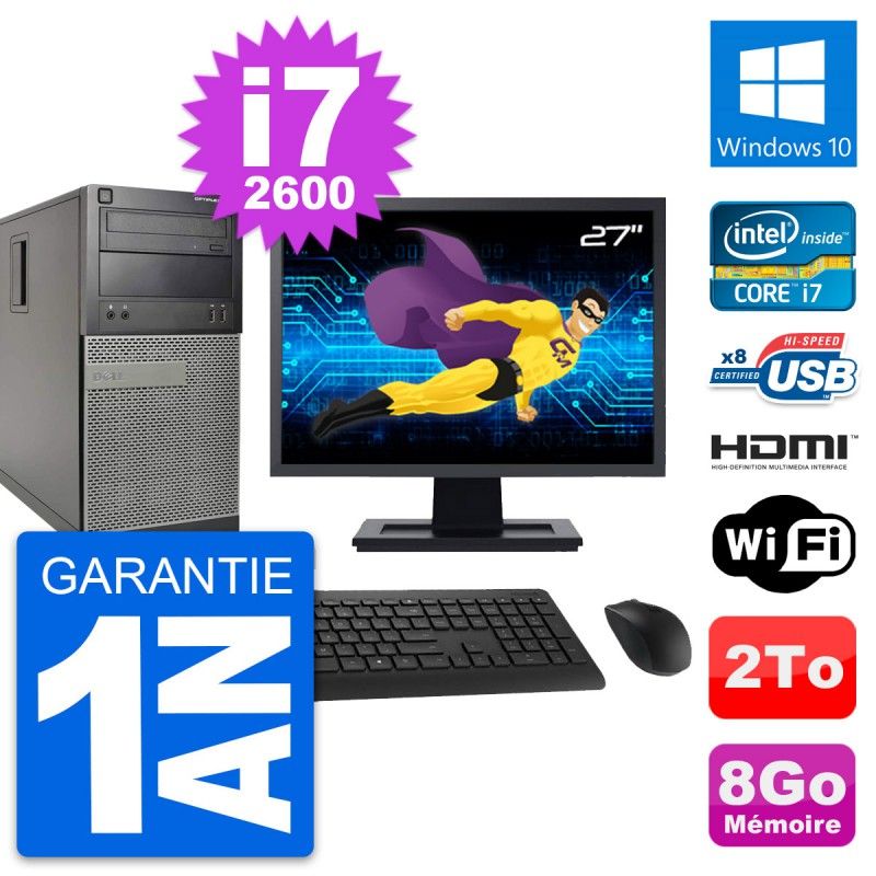 Dell Optiplex 390 MT Desktop PC - 27" Screen, i7-2600, 8GB RAM, 2TB HDD, HDMI, Windows 10, WiFi