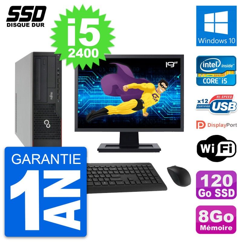 Fujitsu E910 DT 19-inch Screen, Intel i5-2400, 8GB RAM, 120GB SSD, Windows 10, Wi-Fi