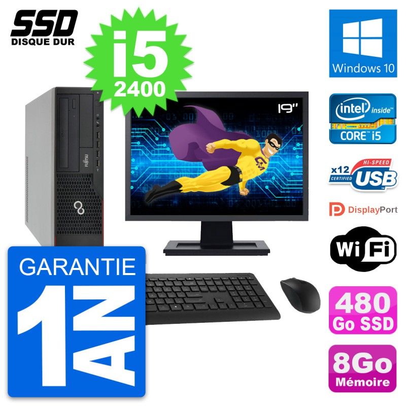 Fujitsu E910 DT 19-Inch Screen, Intel i5-2400, 8GB RAM, 480GB SSD, Windows 10, Wi-Fi