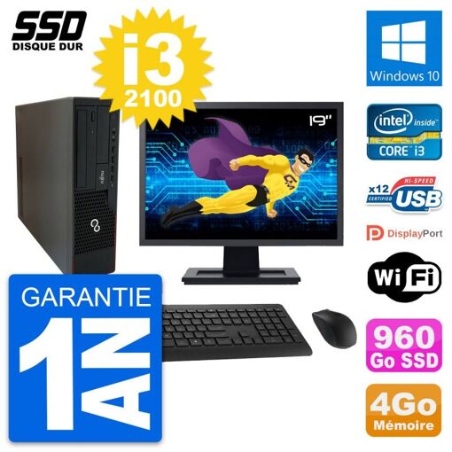 Fujitsu E910 DT 19-inch Screen, Intel i3-2100, 4GB RAM, 960GB SSD, Windows 10, Wifi