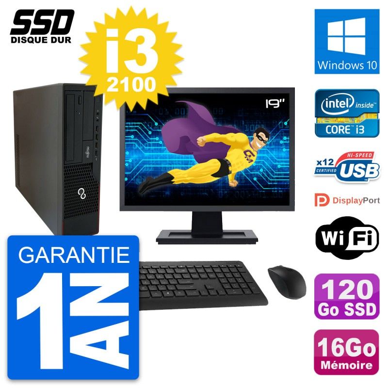 Fujitsu E910 DT 19-inch Screen, Intel i3-2100, 16GB RAM, 120GB SSD, Windows 10, Wifi