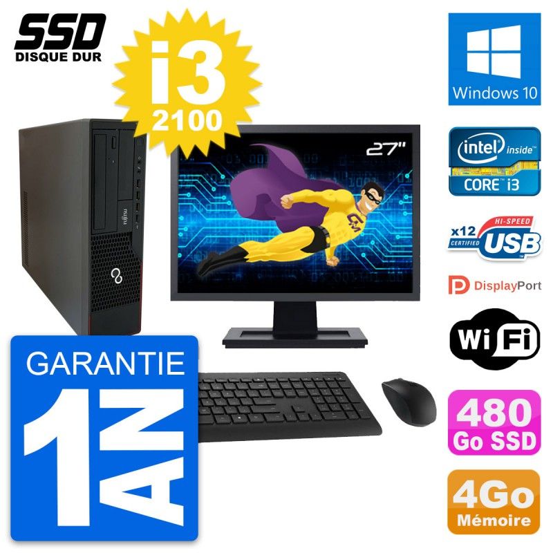 Fujitsu E910 DT 27-Inch PC (Intel i3-2100, 4GB RAM, 480GB SSD, Windows 10, Wifi)