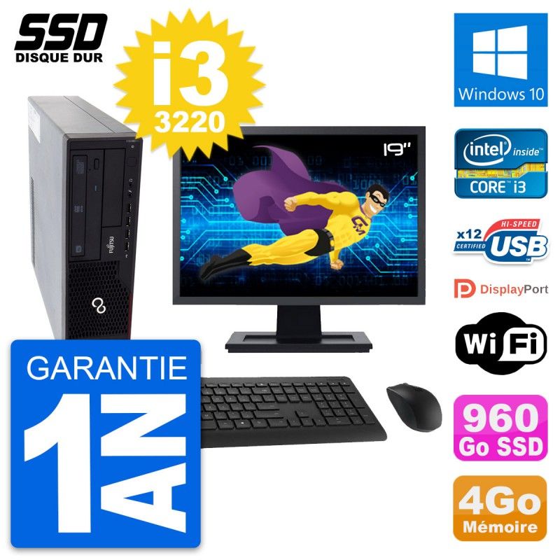 Fujitsu E910 DT 19-inch PC - Intel i3-3220, 4GB RAM, 960GB SSD, Windows 10, WiFi