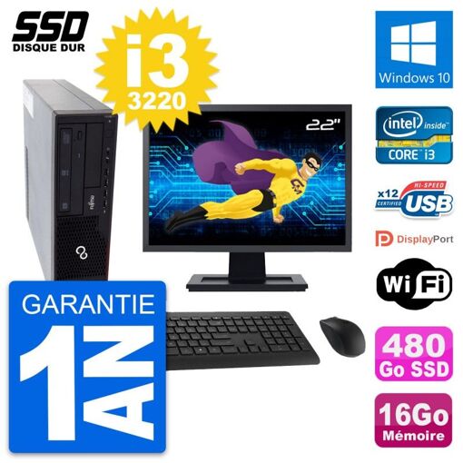 Ordinateur de bureau Fujitsu E910 DT 22 pouces - Intel Core i3-3220, 16 Go de RAM, 480 Go SSD, Windows 10, Wifi