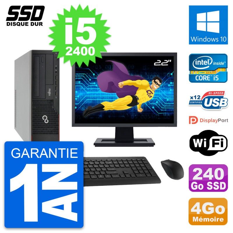 Fujitsu E910 DT 22-inch Display, Intel i5-2400, 4GB RAM, 240GB SSD, Windows 10, Wifi