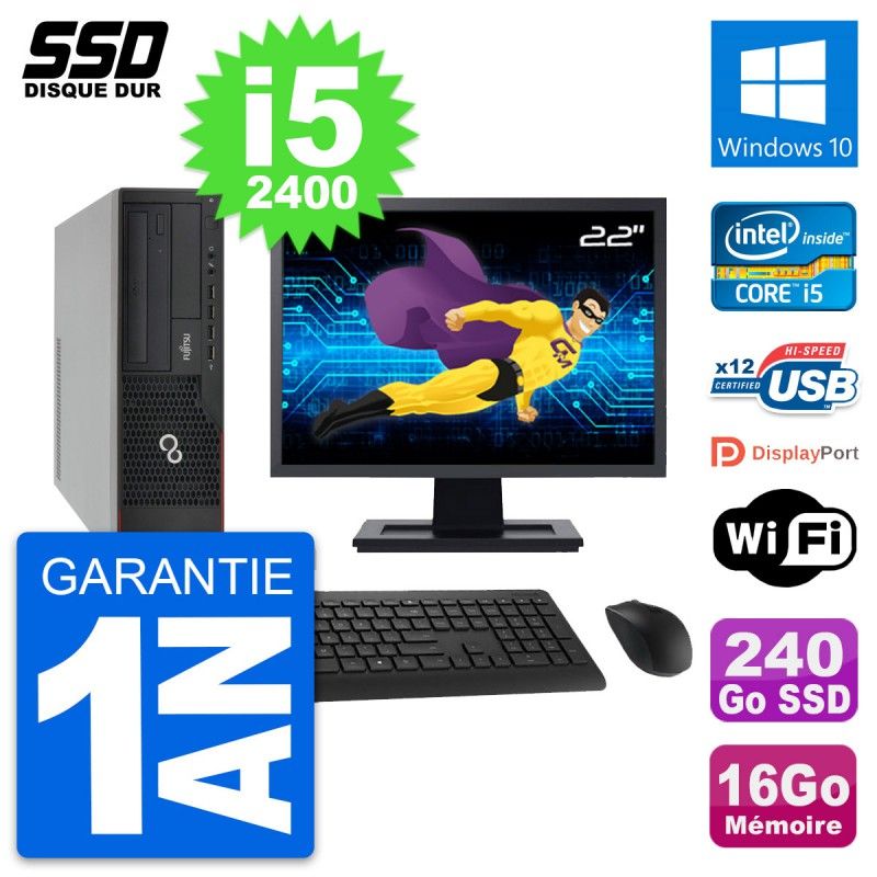 Fujitsu E910 DT 22" Screen, Intel i5-2400, 16GB RAM, 240GB SSD, Windows 10, Wifi