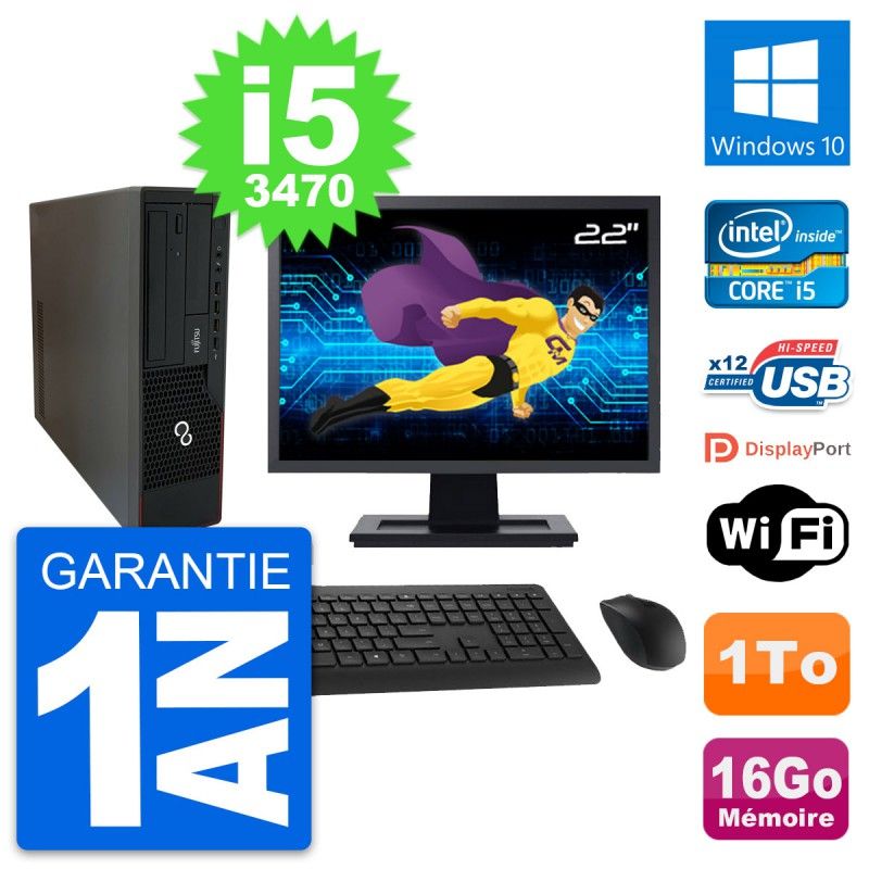 Ordinateur de bureau Fujitsu E910 DT 22 pouces - Processeur Intel i5, 16 Go de RAM, 1 To HDD, Windows 10, WiFi