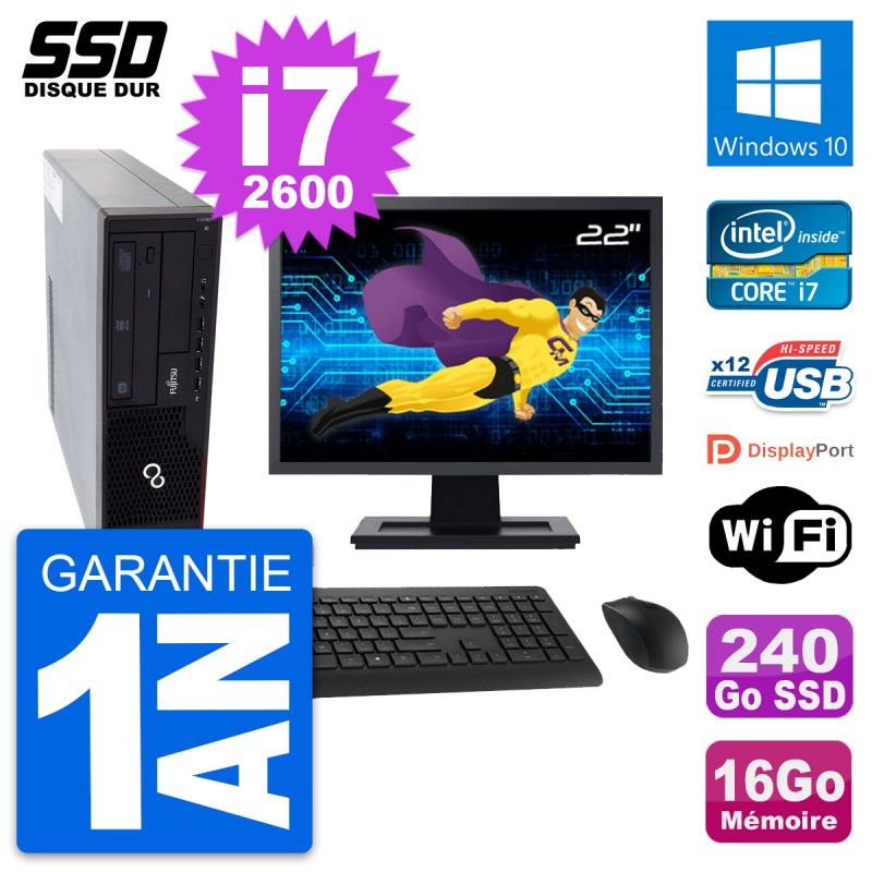 Fujitsu E910 DT 22-inch Screen, Intel i7-2600, 16GB RAM, 240GB SSD, Windows 10, Wifi