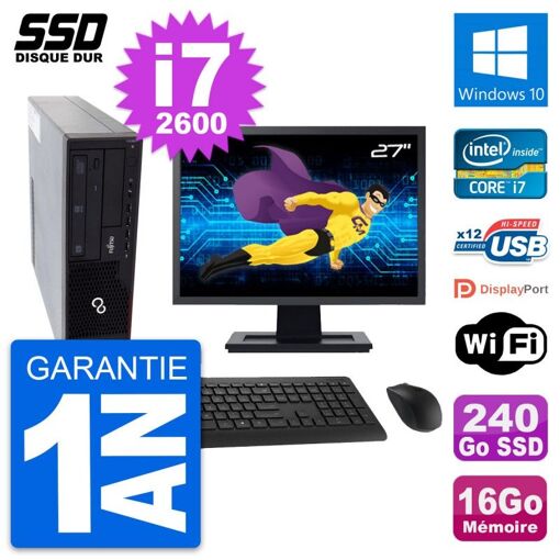 Fujitsu E910 DT 27-inch Screen, Intel i7-2600, 16GB RAM, 240GB SSD, Windows 10, Wifi