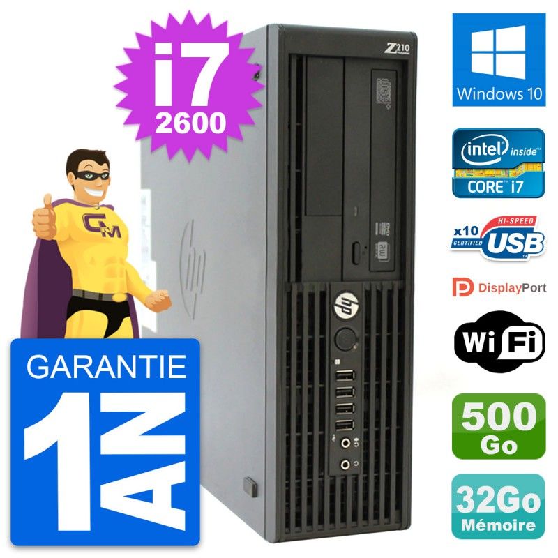 Station de travail HP Z210 SFF, Intel Core i7-2600, 32 Go RAM, 500 Go HDD, Windows 10, Wifi