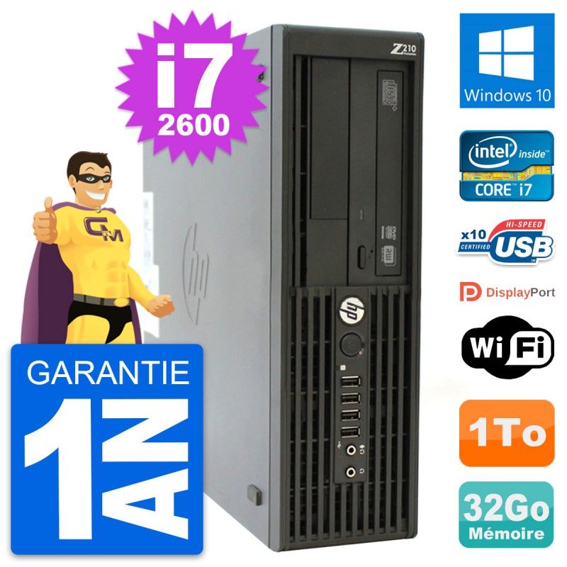 Station de travail HP Z210 SFF, Intel Core i7-2600, 32 Go RAM, 1 To SSD, Windows 10, Wifi