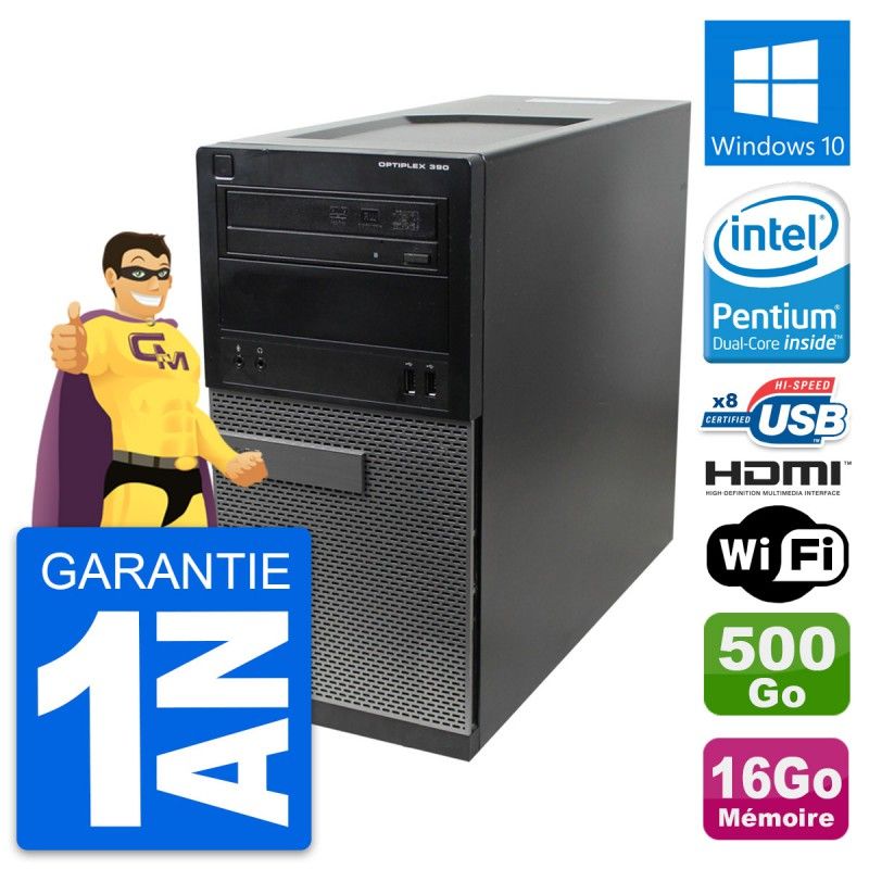 Dell OptiPlex 390 MT Desktop PC - Intel Pentium G630, 16GB RAM, 500GB HDD, HDMI, Windows 10, WiFi