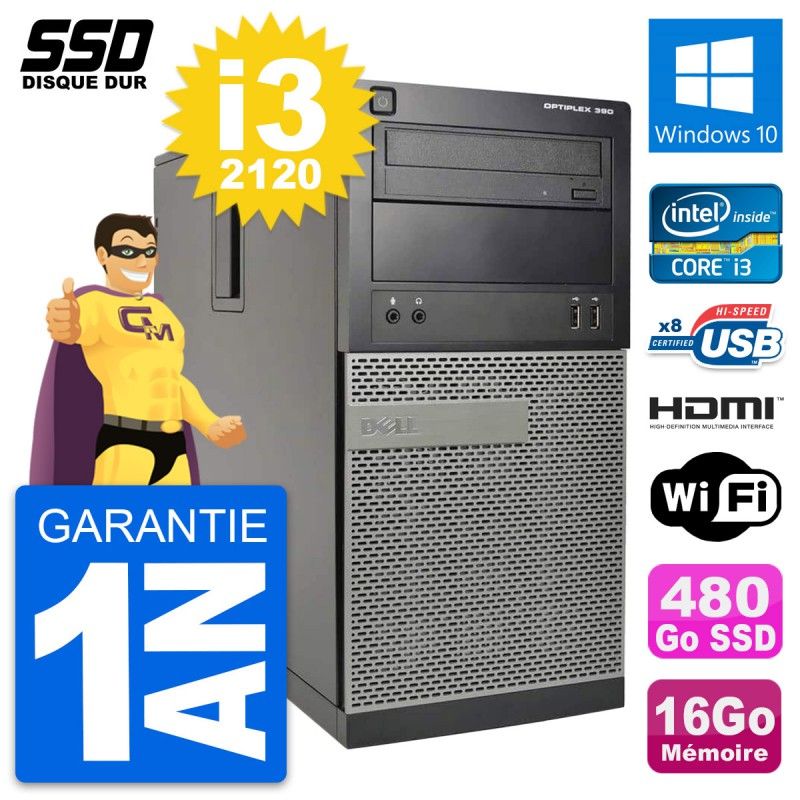 Dell OptiPlex 390 MT Desktop PC - i3-2120, 16GB RAM, 480GB SSD, HDMI, Wi-Fi, Windows 10
