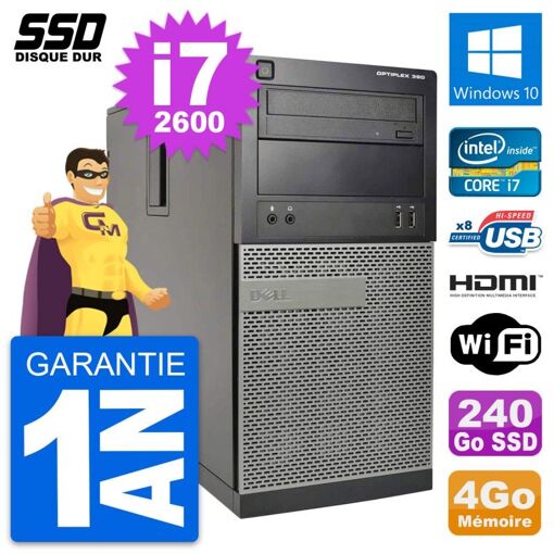 Dell OptiPlex 390 MT Desktop PC - Core i7, 4GB RAM, 240GB SSD, HDMI, Windows 10, Wifi
