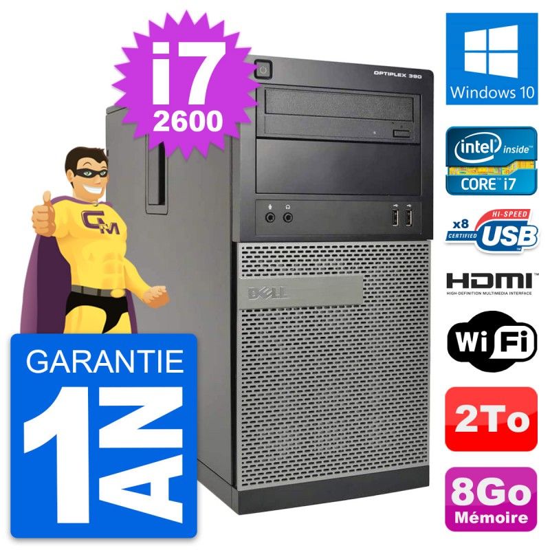 Dell OptiPlex 390 MT Desktop PC - i7-2600, 8GB RAM, 2TB HDD, HDMI, WiFi, Windows 10