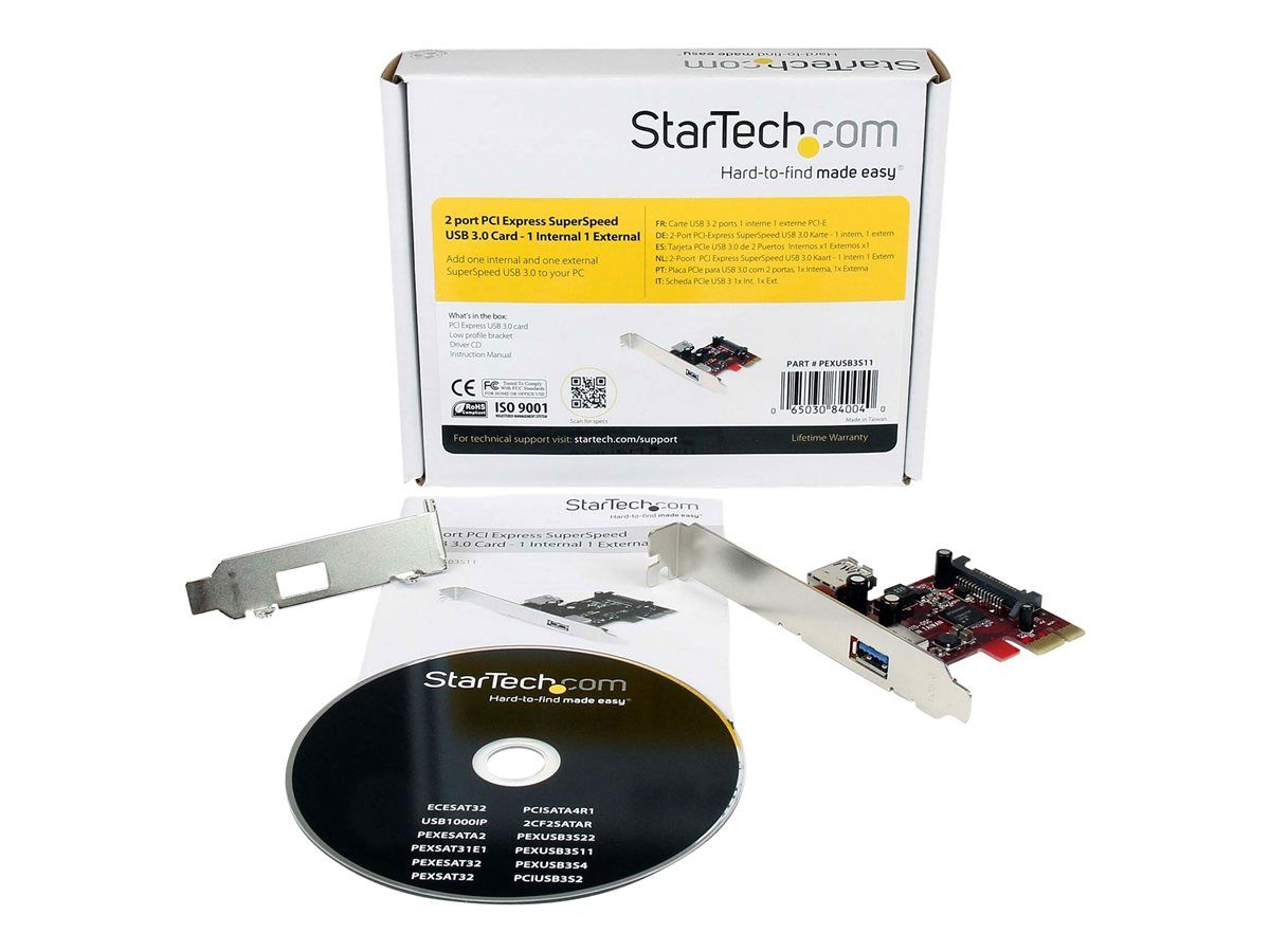 StarTech.com PCI Express Controller Card to 2 USB 3.0 Ports with UASP Support - PCIe Card - 1x Internal USB 3.0 A - 1x External USB 3.0 A - USB Adapter - Low Profile PCIe 2.0