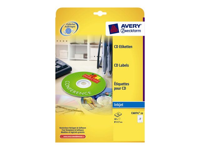 Avery CD/DVD Labels - Bright White Round 117mm Labels (40 per Pack) (20 Sheets x 2)