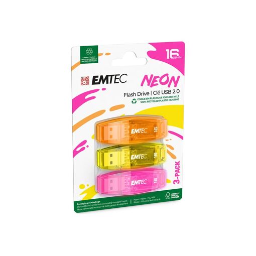 Dexxon Neon USB Drive - 16GB - USB 2.0 - Yellow, Magenta, Orange (Pack of 3)