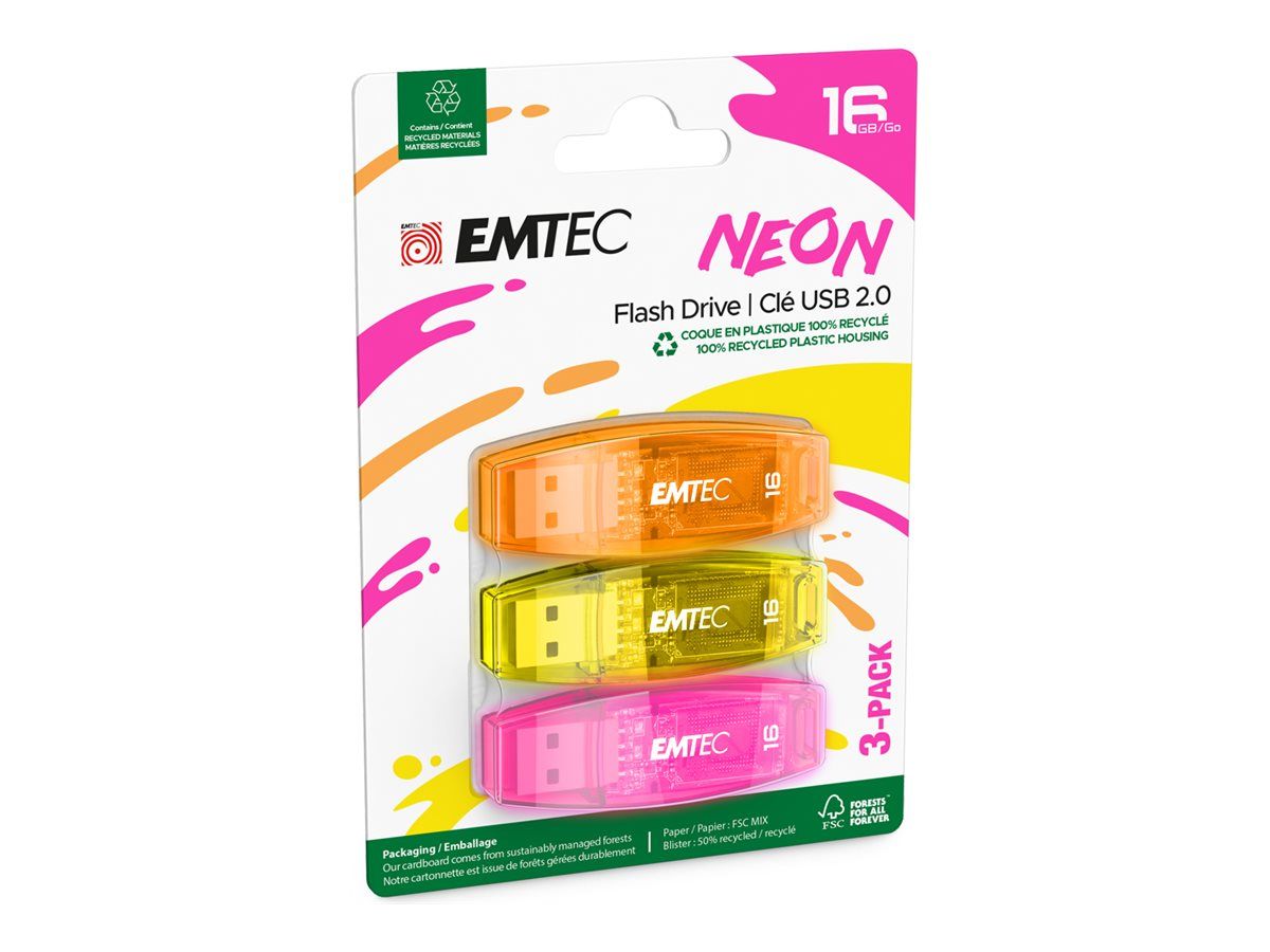 Dexxon Neon USB Drive - 16GB - USB 2.0 - Yellow, Magenta, Orange (Pack of 3)