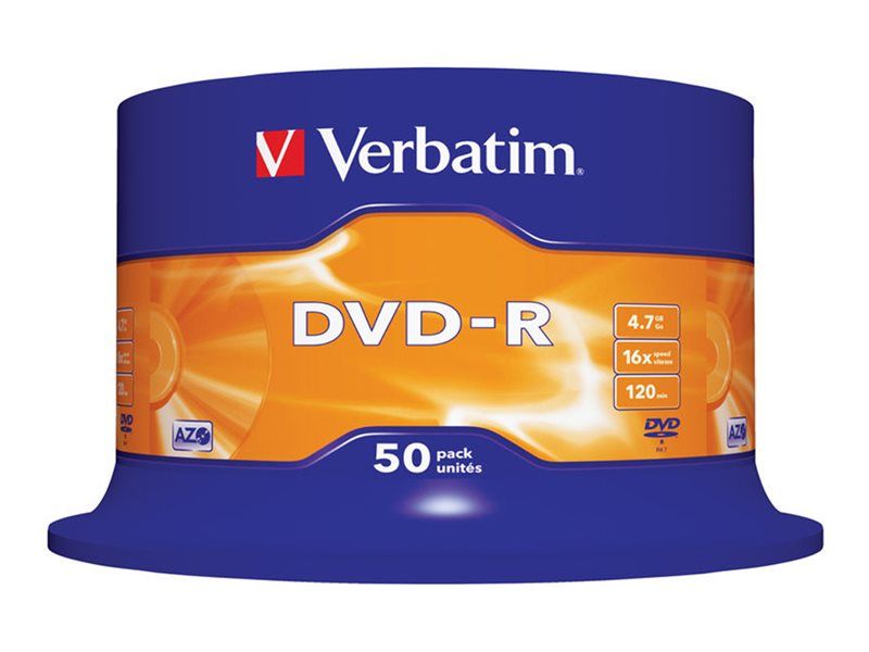 Verbatim 50x DVD-R - 4.7GB, 16x Speed, Silver Matte Finish Spindle