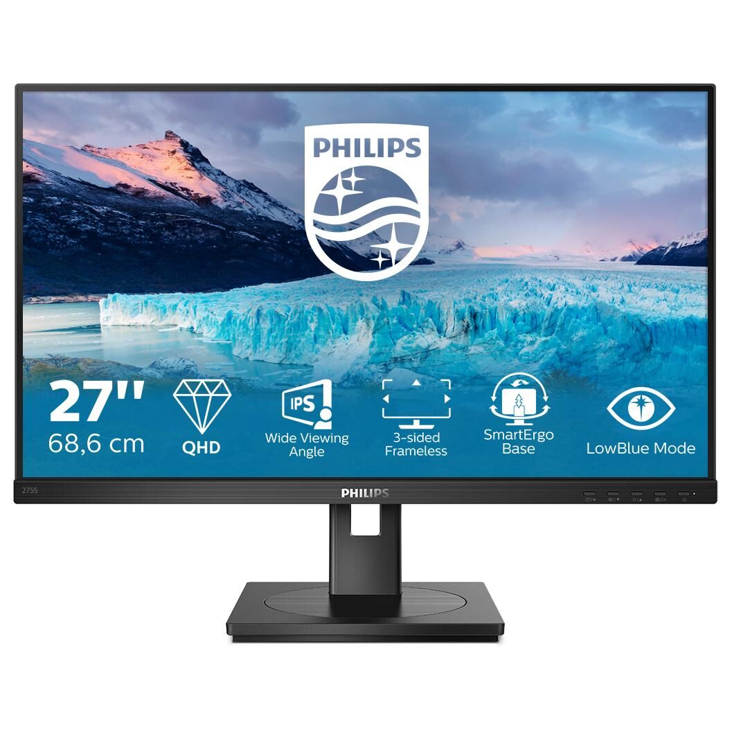 Philips S-line 275S1AE - 27" LED Monitor - QHD 2560 x 1440 @ 75Hz - IPS - 250 cd/m² - 1000:1 - 4ms - HDMI, DVI-D, DisplayPort - Speakers - Black