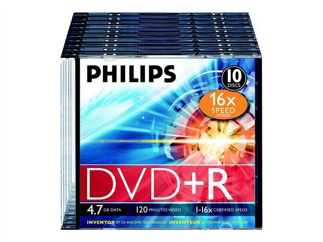 Philips DR4S6S10F 10x DVD+R Discs, 4.7GB (120min), 16x Speed, Slim CD Case