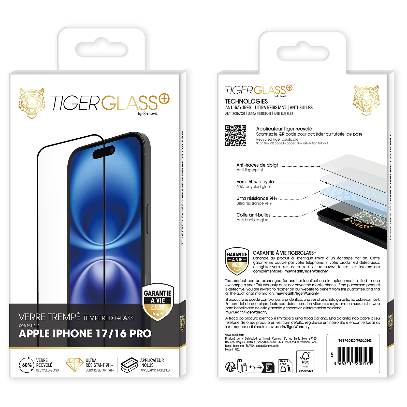 Tiger Glass Tempered Glass Verre Trempé Recyclé iPhone 16 Pro / 17