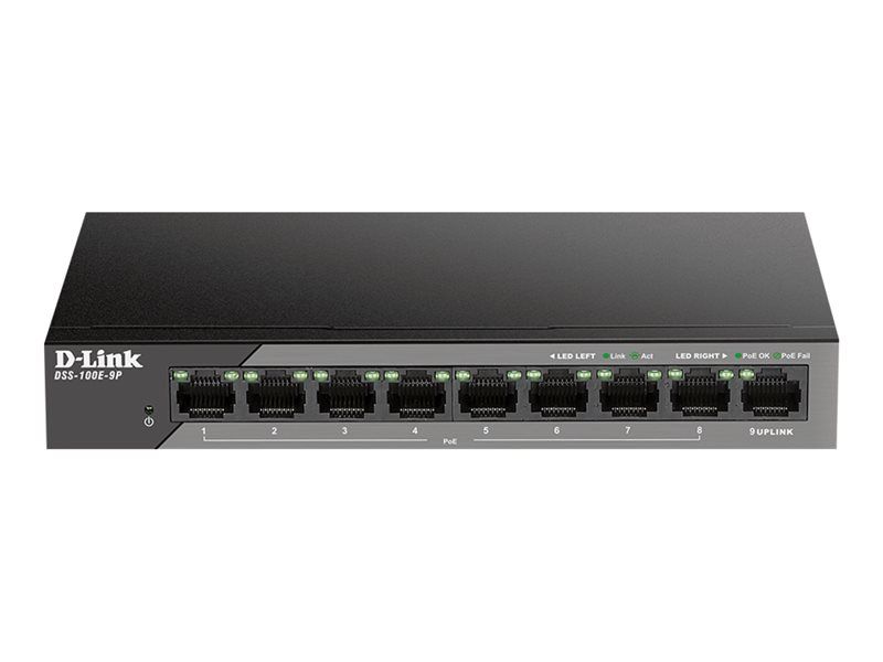 D-Link DSS 100E-9P - PoE Desktop Switch - 8 x 10/100 + 1 x 1000Base-T (92W)