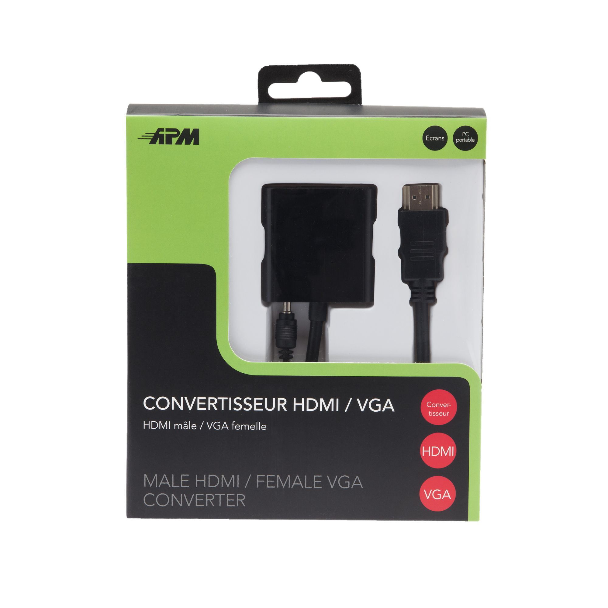 Adaptador de vídeo APM - Conector HDMI masculino a HD-15 (VGA) mini - 10 cm - negro - tornillos dentados, compatible con 1080p